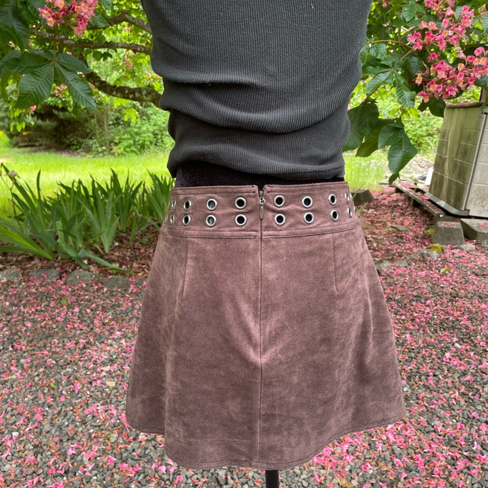 Brown faux suede leather wrap around grommet skirt